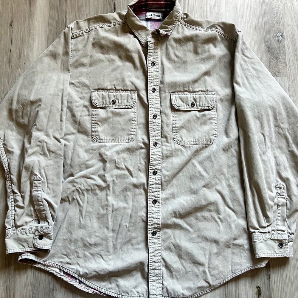 Vintage LL Bean Shirt Mens 3XLarge Tan Plaid Lined Denim Shacket Button Workwear